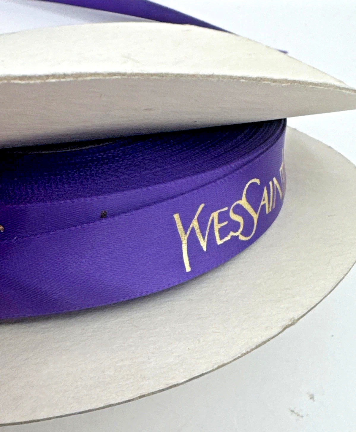 YSL Yves Saint Laurent 5/8” Purple Gold Satin Ribbon, Very Rare,sold by the yard