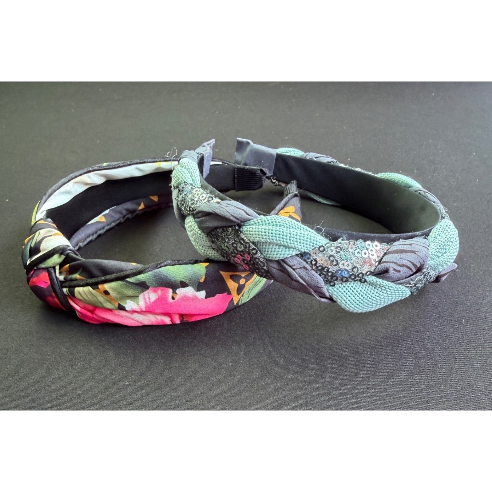 2pc Headband Set Pink Floral Top Knot Braided Blue Sequin Boho Preppy Hair OSFM
