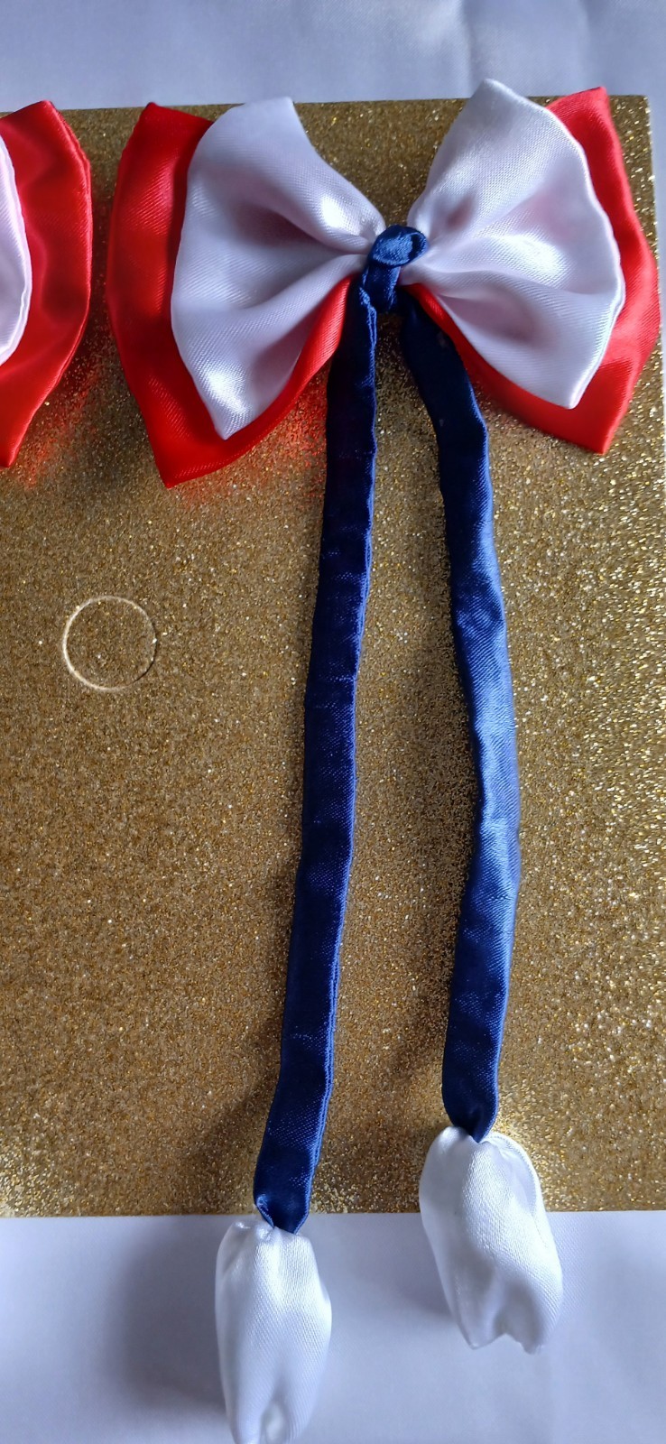 Set of 2 Red & White Satin Bow Hair Clip Barrettes w/ Long Blue Ribbon Tails