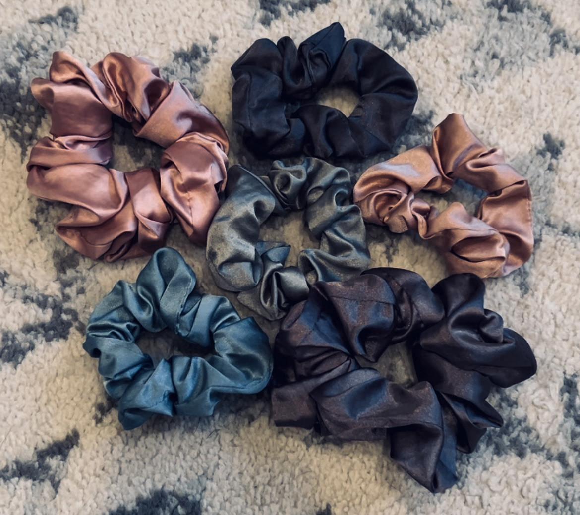 Bundle Of 11 Hair Scrunchies- Solid Satin, Floral, Velvet, Color-block & Knit.