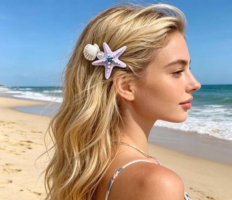Starfish Hair Barrettes Pearl & Shell Resin Seashell Hair Clips Lavender 2 Pack
