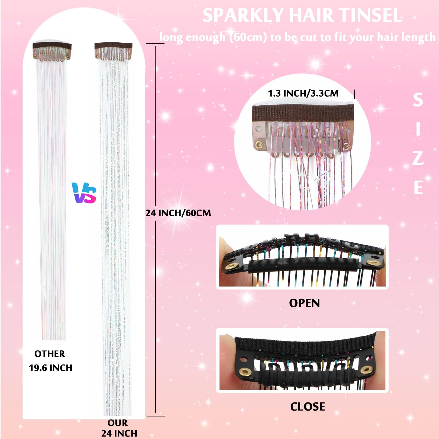 Hair Tinsel Clip in Pack of 12 Pcs Glitter Tinsel Hair Extensions 24 Inch Clip i