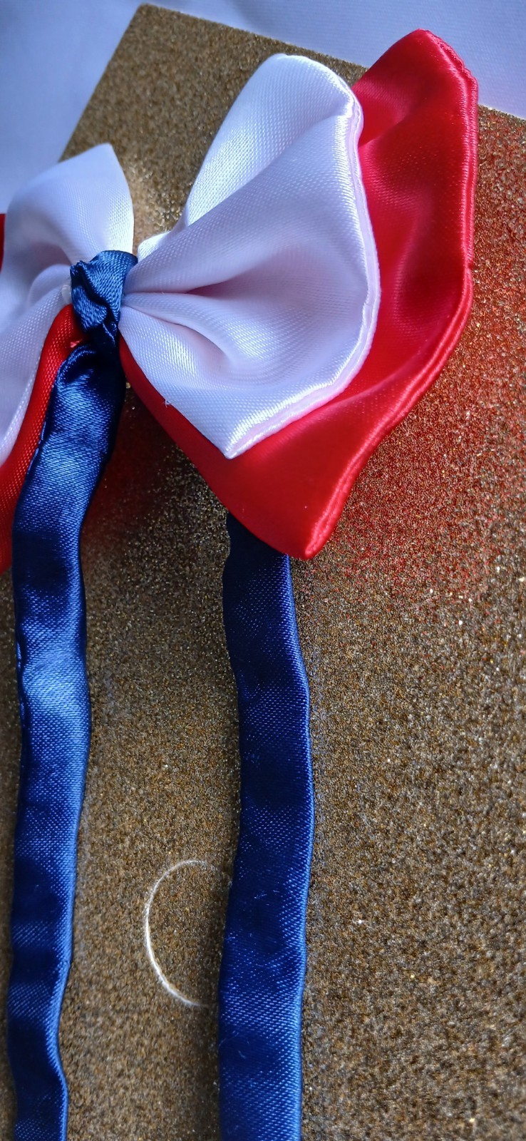 Set of 2 Red & White Satin Bow Hair Clip Barrettes w/ Long Blue Ribbon Tails