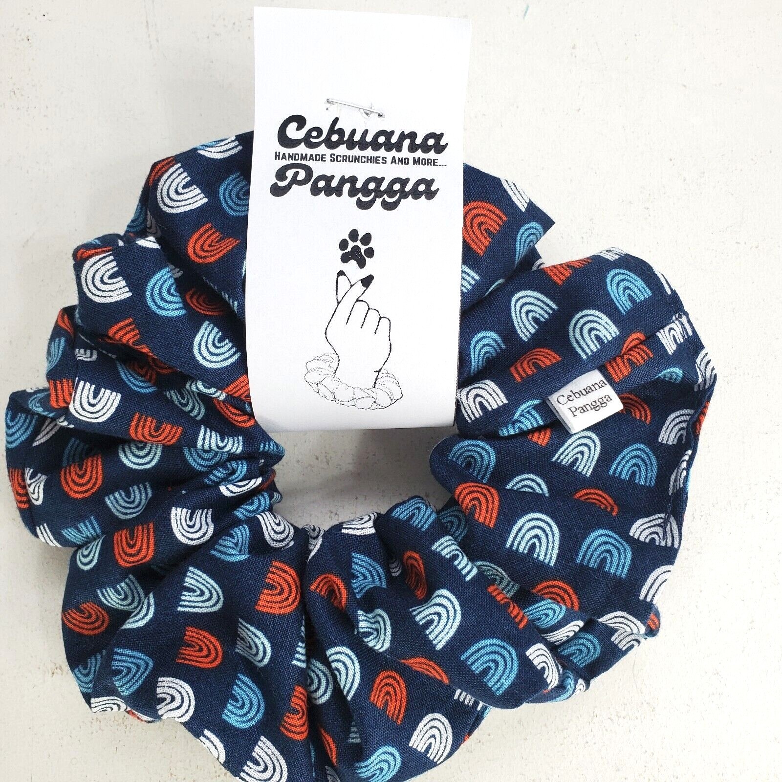 Handmade Women’s Scrunchies size XL Navy Blue Cotton Fabric Rainbow Print New