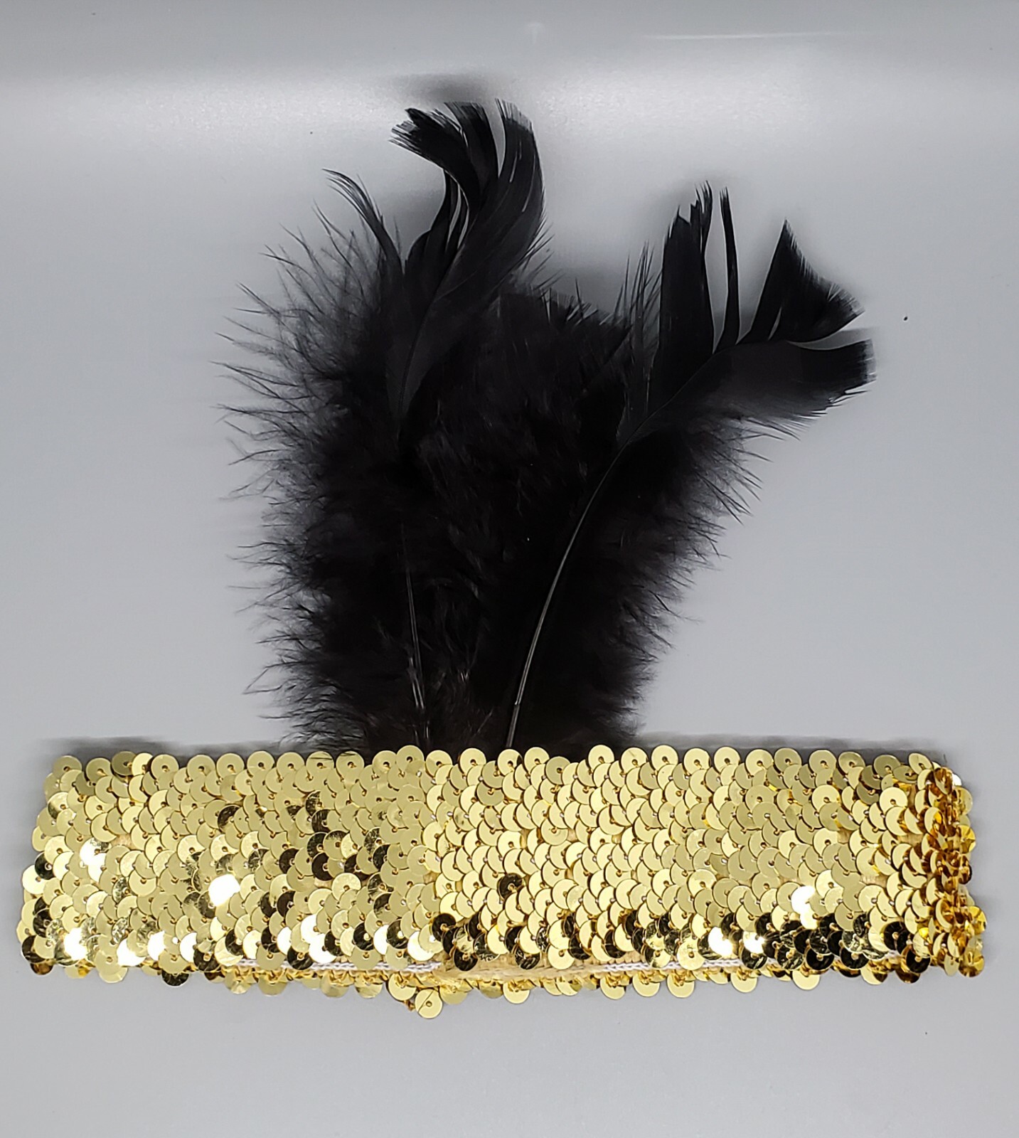 Women’s Gold Sequin Headband with Black Feather