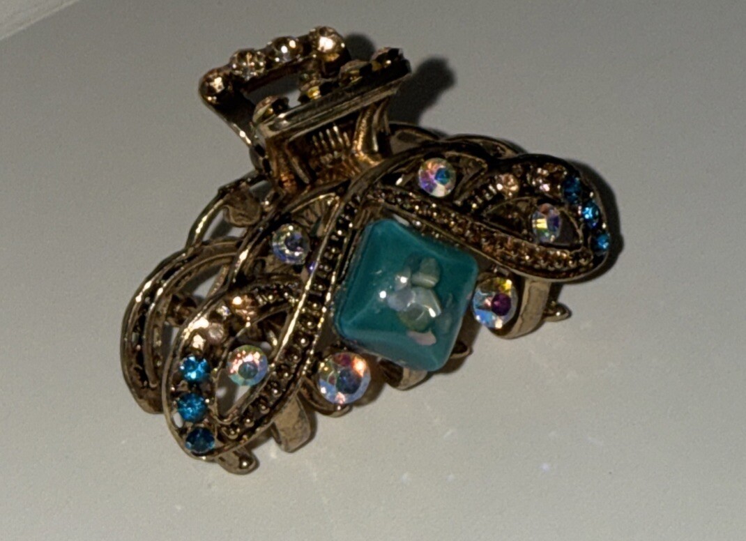 Vintage-Gold Tone-Teal-Jeweled Rhinestone-Hair Clip-Claw Clip-fashionista