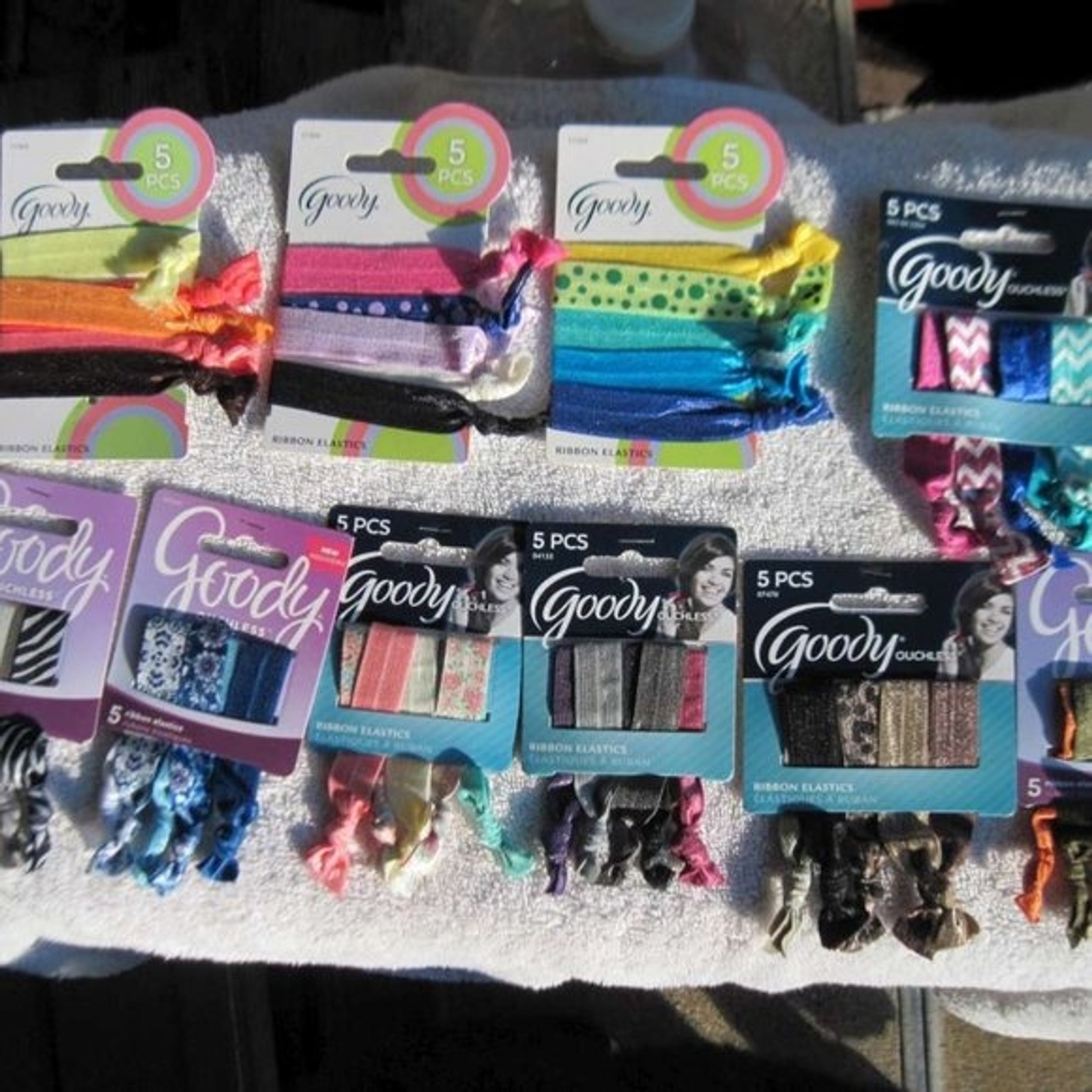 5 Goody Ribbon Elastics Ponytailer Hair Bands No Metal Green Blue Pink Chevron