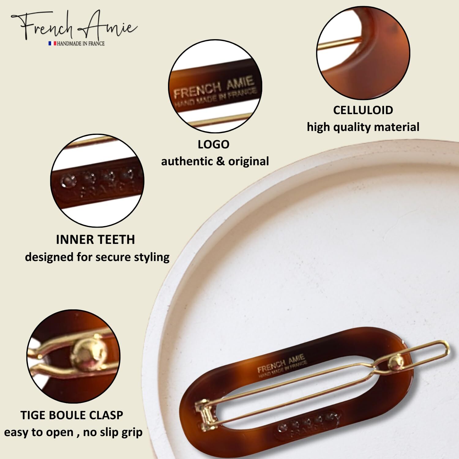 French Amie Mini Oval 2” Celluloid Handmade Snap Tige Boule Hair Clips