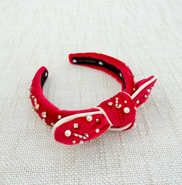 Lele Sadoughi Red Velvet Candy Cane Knot Headband Pearl Crystal Christmas EUC