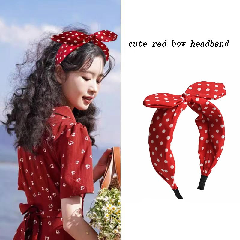 Red Polka Dot Bow Headbands for Women Bandana Hairband with Bow Halloween Costum