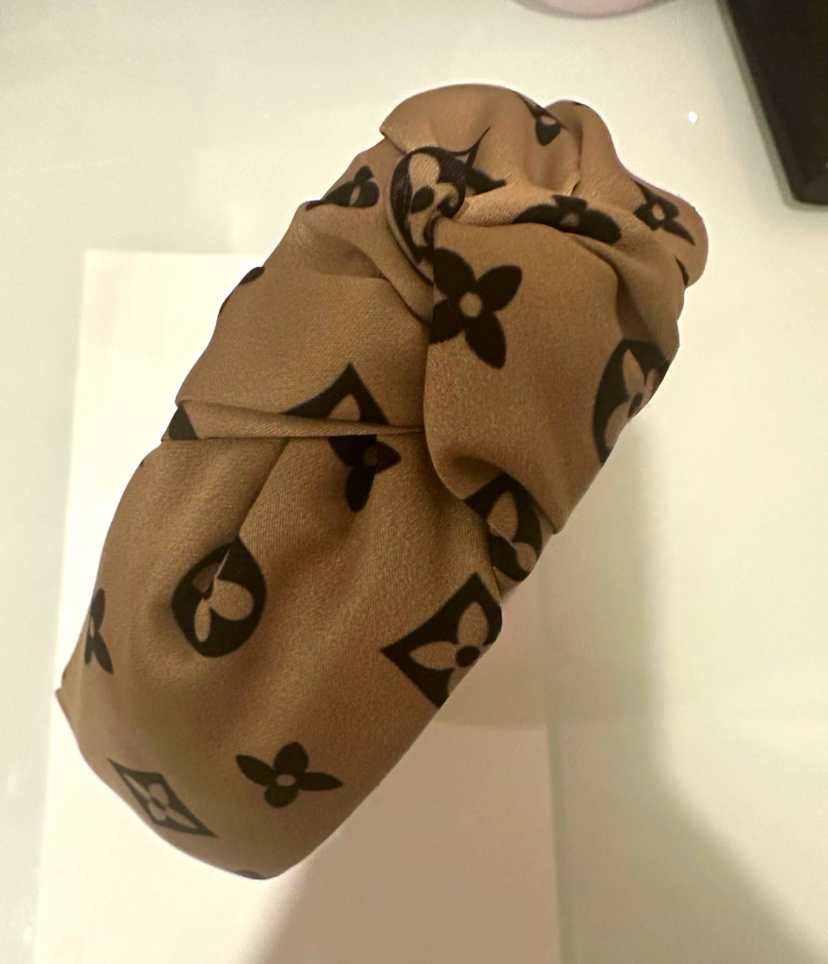 Designer Monogram Knotted Padded Fabric Headband for Women Beige Black