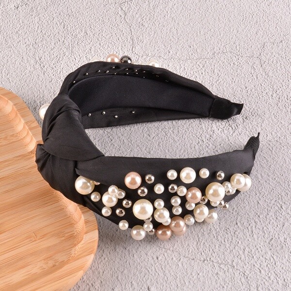 NEW Women’s Mixed Faux Pearl & Metallic Round Beads Knotted Fabric Headband