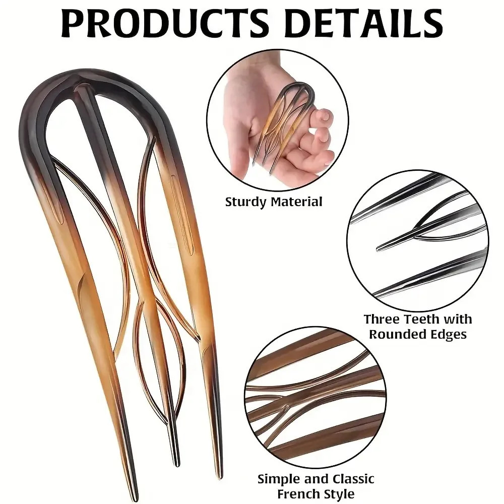 Set of 3 French-Style Hair Clips – U-Shaped Acetate Hair Clips, Suitable for Bra