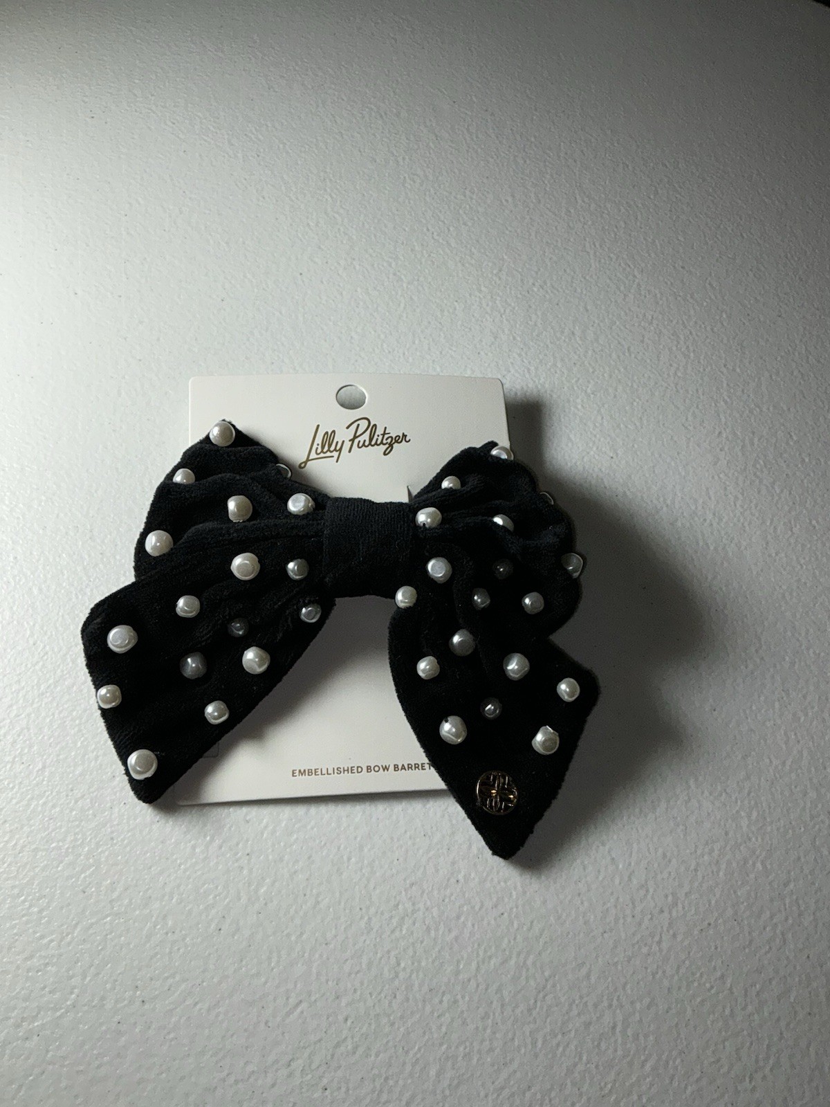 Lilly Pulitzer NWT Embellished Velvet & Pearl Bow Barrette Onyx