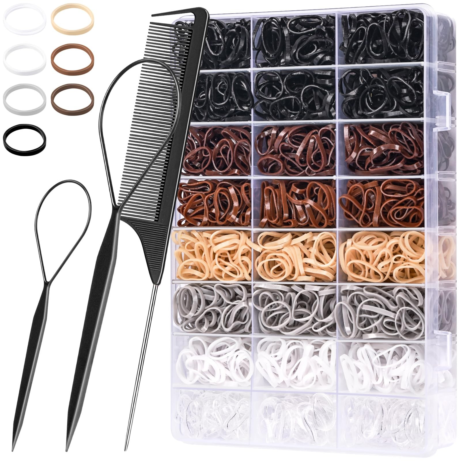 Small Hair Ties Set, 2000 pcs Rubber Bands with Organizer Box, 7 Natural Colo…