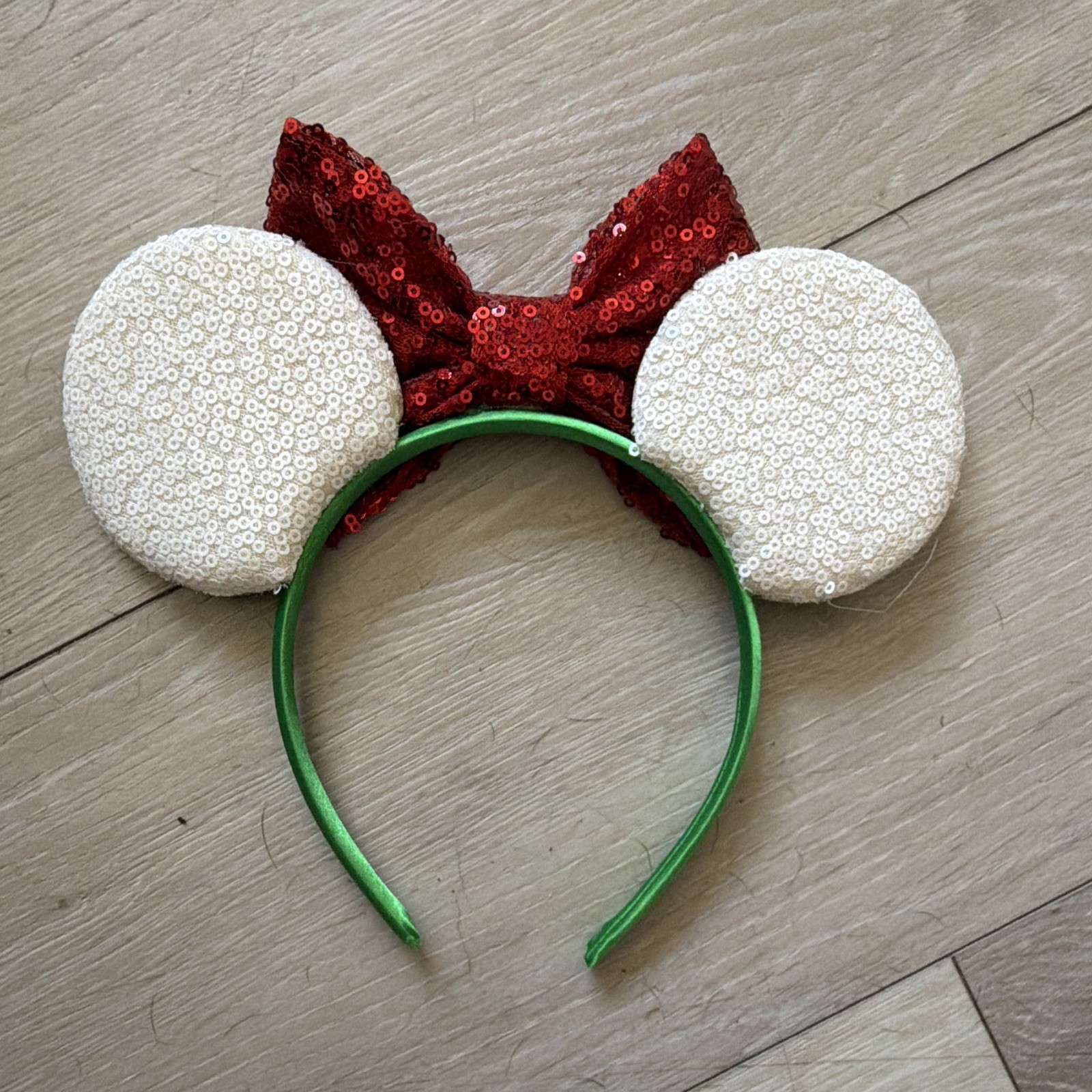 Minnie Mouse Ears Headband Christmas Sequined Bow Candy Cane Green Red White