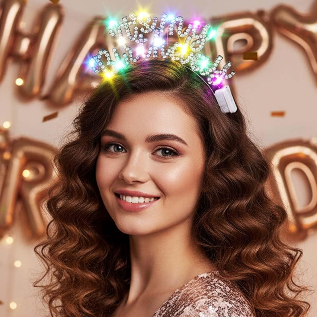 Light up Happy Birthday Headband Led Rhinestone Birthday Party Hair Accessories