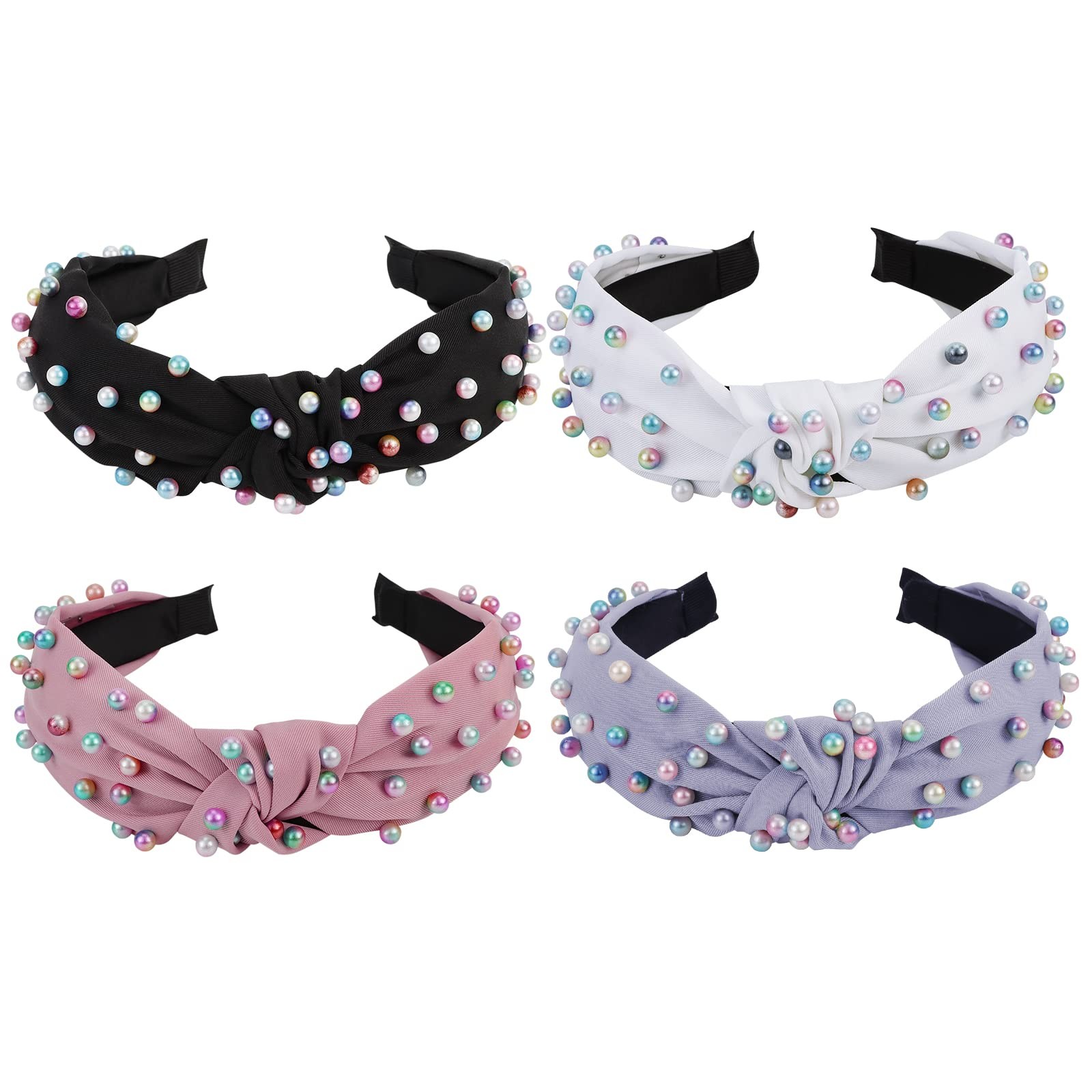 4 PCS Pearl Knotted Headbands Womens Girls Colorful Beaded Knot Hair Turban