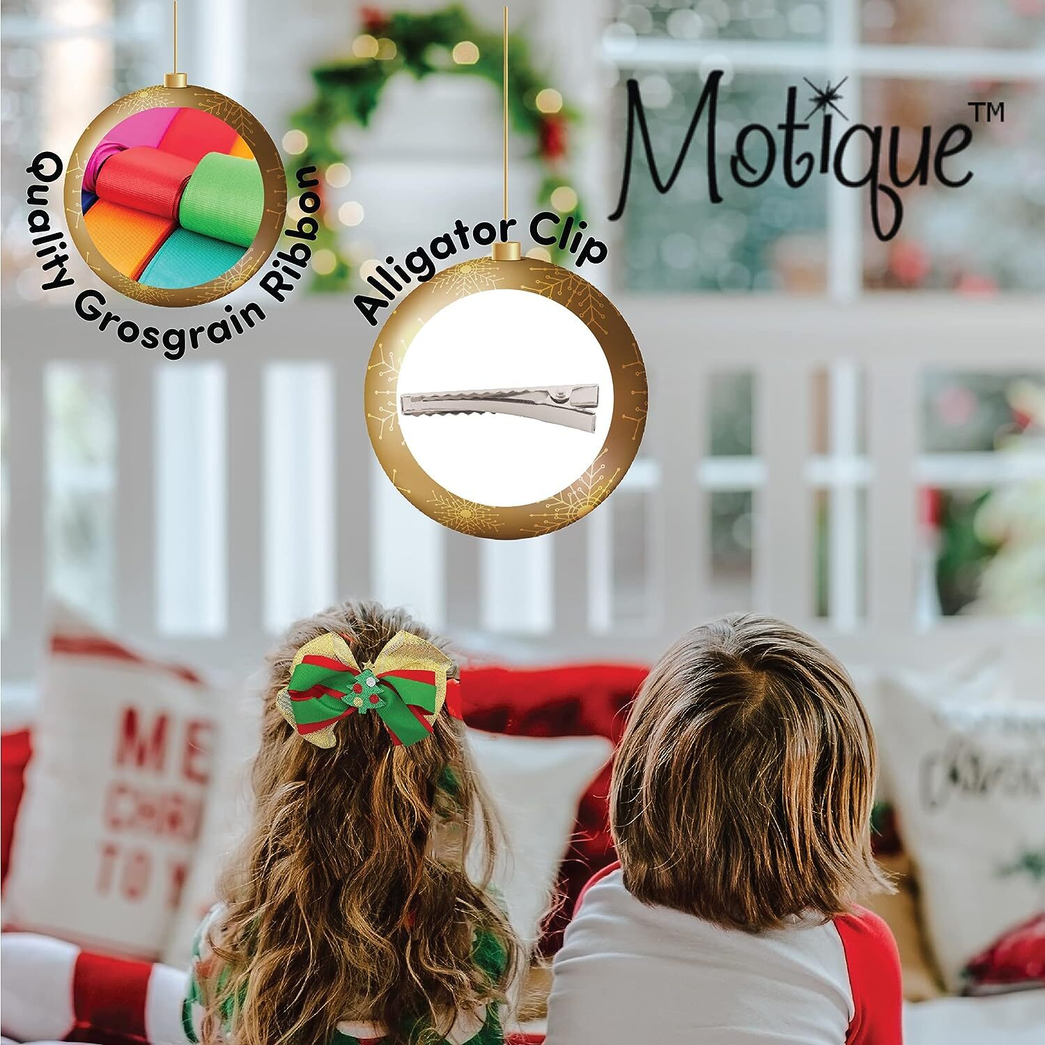 Motique Accessories Hair Bow Sparkle Christmas Bow with Silicone Charm