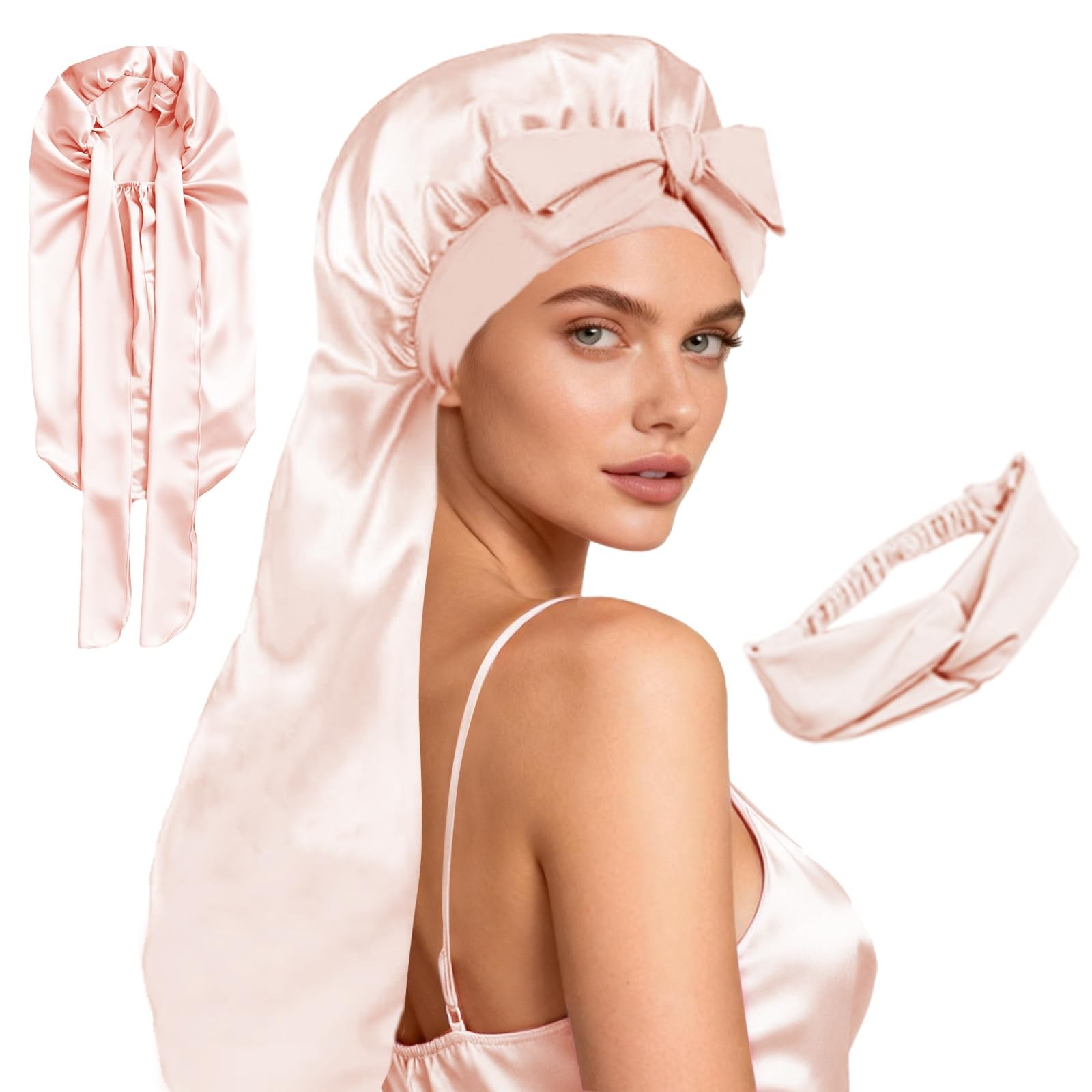 Long Hair Bonnets for Women Satin Bonnet Sleeping One Size, Pale Blush