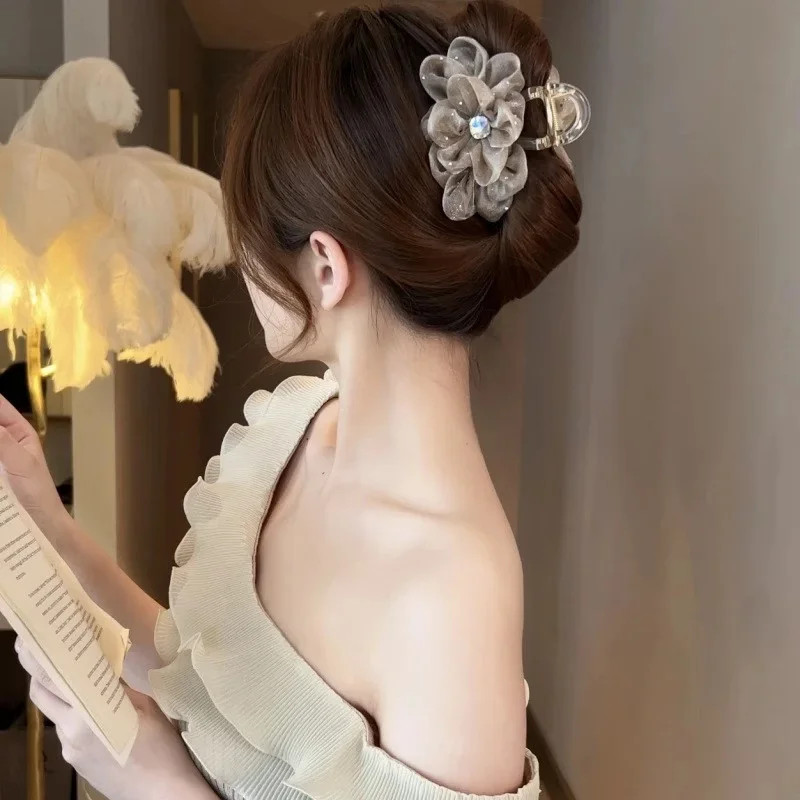 1/2/3Pcs Elegant Mesh Flower Rhinestone Hair Clip for Woman Korean Style Shark C
