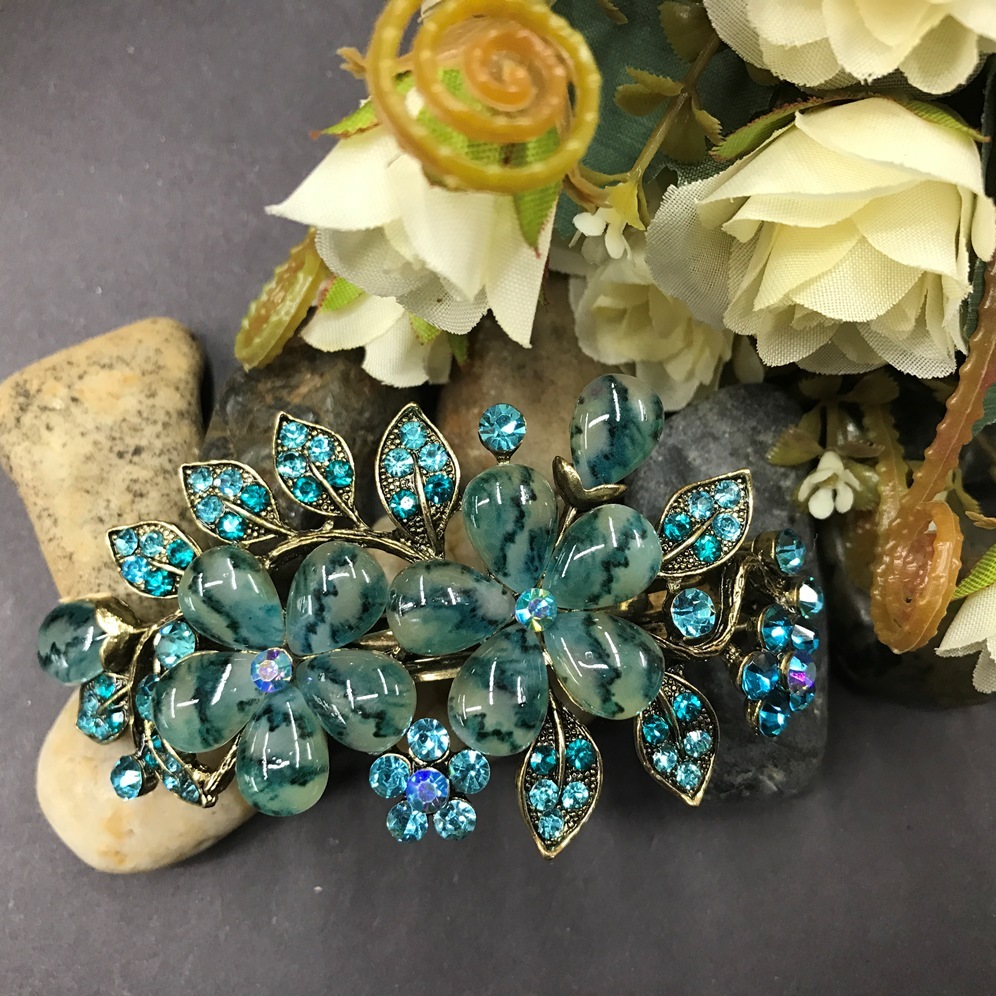 Antique Tone Flower Rhinestone Blue Color Hair Clip Barrette HA9028 dec