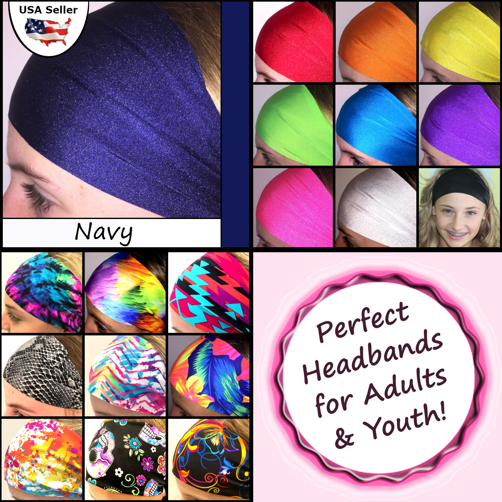 Softball Headband Wide Youth Sports Workouts Gym School Solid Color [Navy]