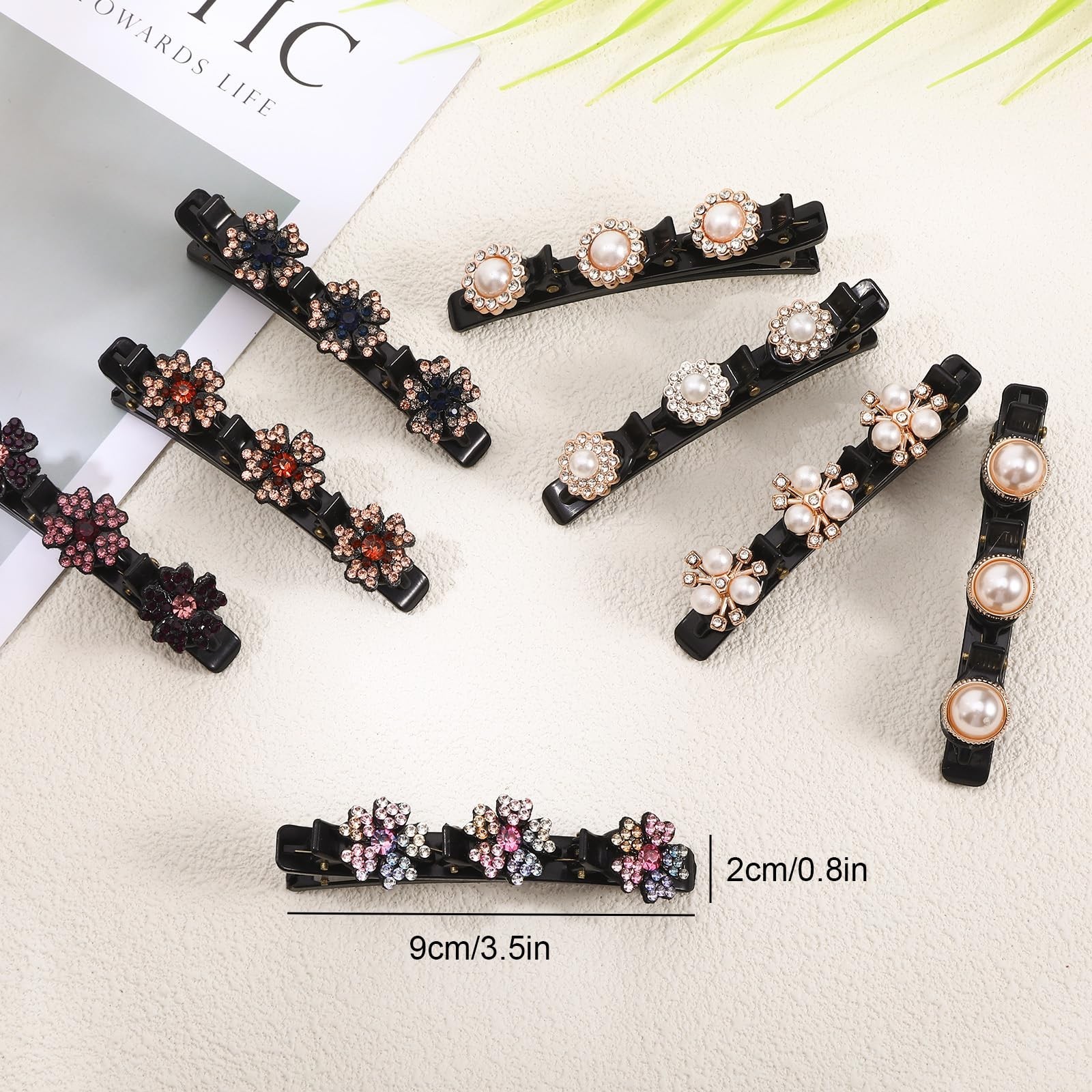 Braided Hair Clips for Women, Sparkling Crystal Stone Pearl Barrette, 8PCS Rh…