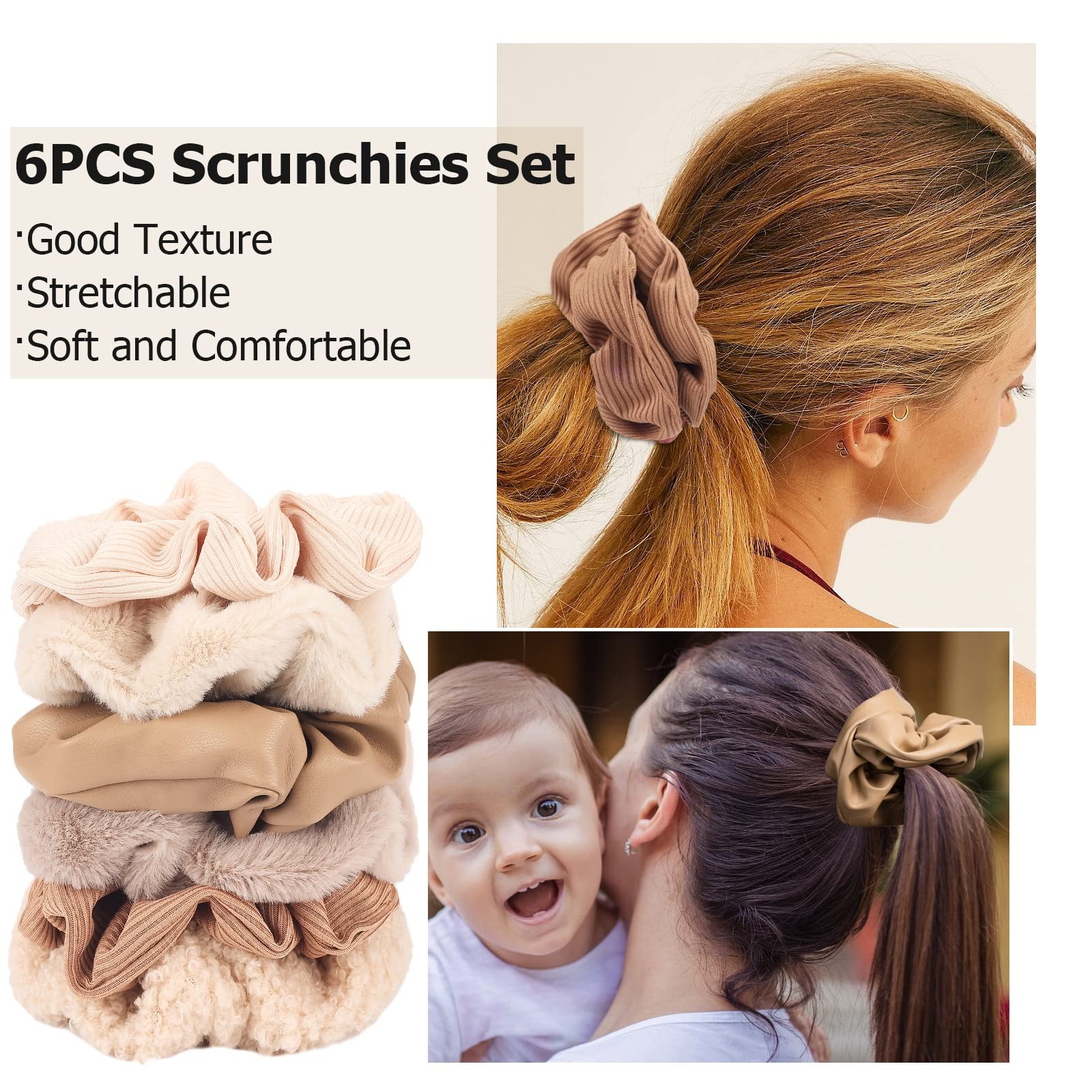 Matte Scrunchies Hair Velvet Thick Soft Fuzzy Bands Brown Ponytail 6 PCS