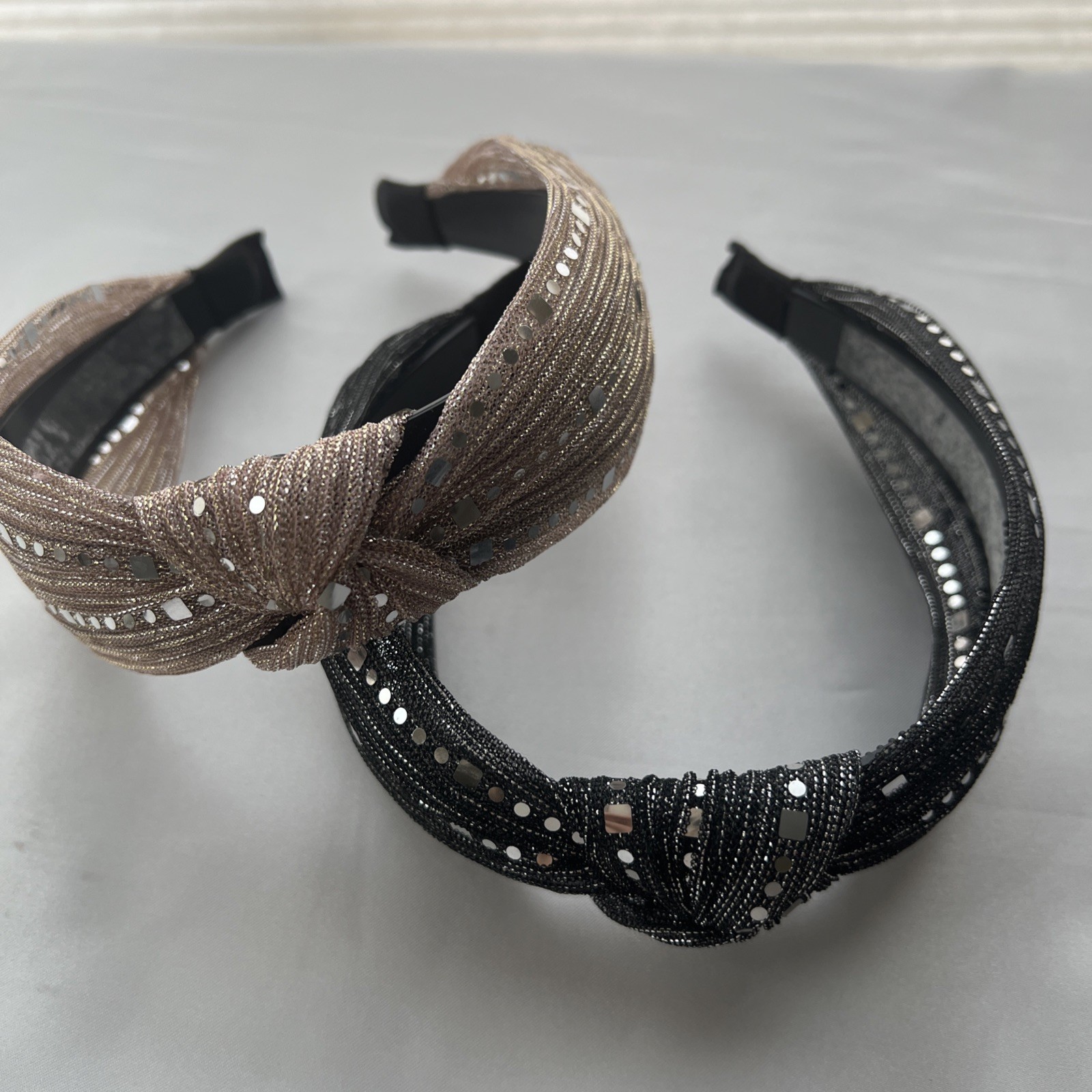 Shimmering Sequin and Bead Accent Knotted Headband – Black and Tan set of 2