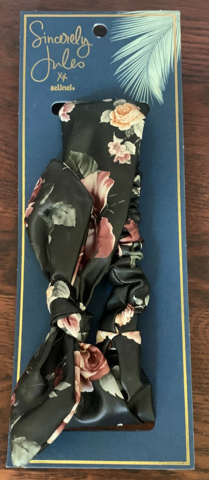 Sincerely Jules by Scunci Faux Black Leather Hair Elastic Floral Headwrap w bow