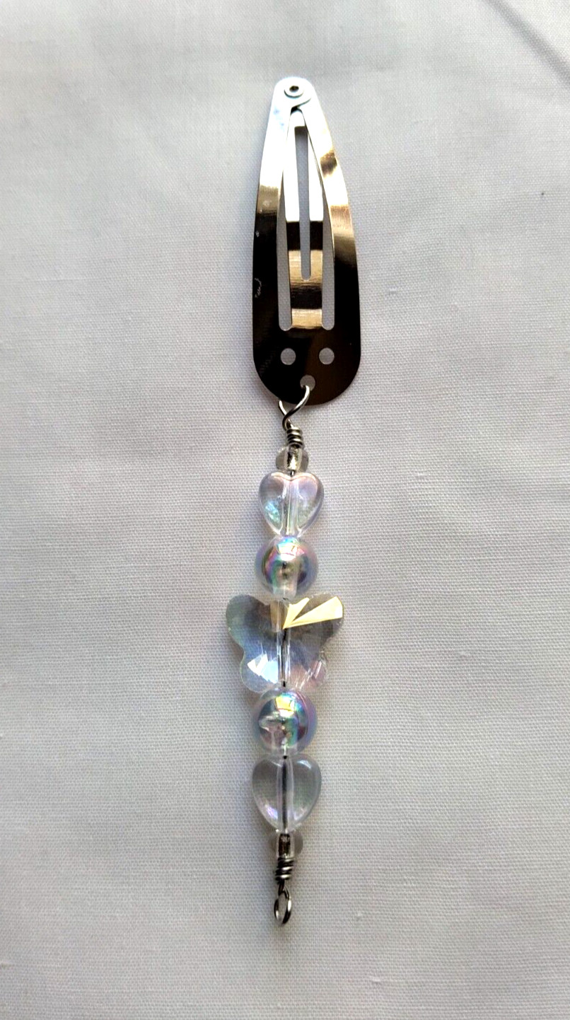 Hair Clip Butterfly Barrette Iridescent Clear Acrylic Bead Heart Handcrafted