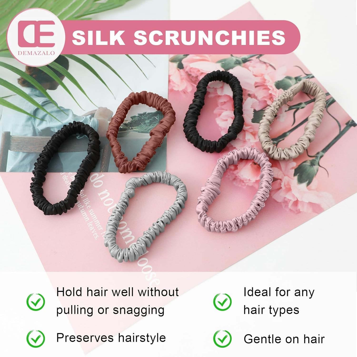 6Pcs Silk Hair Ties Small 22 Momme 100% Pure Mulberry Silk Scrunchies for Women