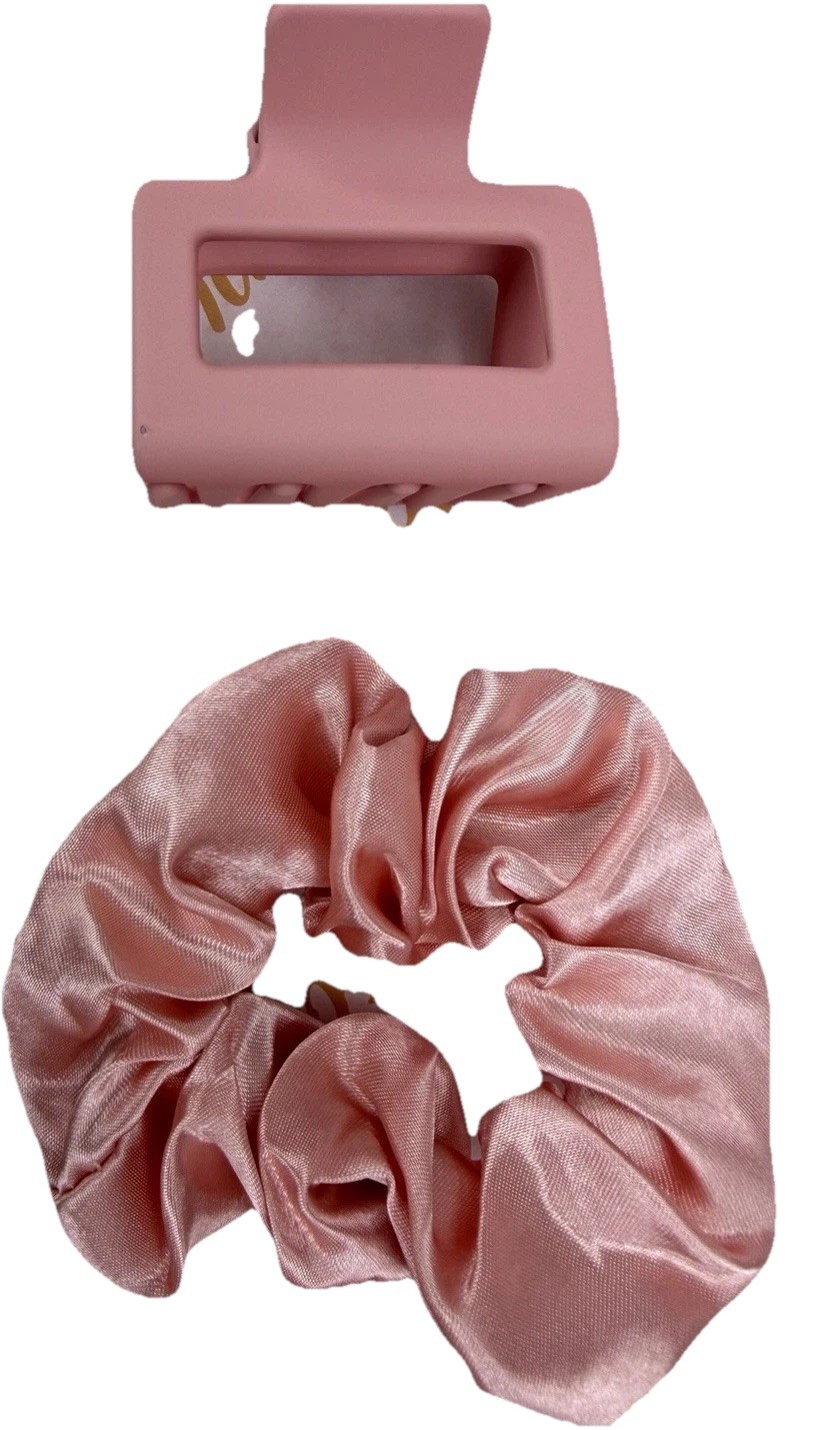 Pink Plastic Hair Claw & Satin Scrunchie Set for Women, Solid Pattern