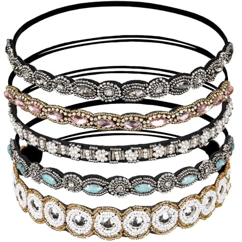 5pcs Hairbands for Women, 5 Rhinestone Beaded Headbands, classic multicolor b