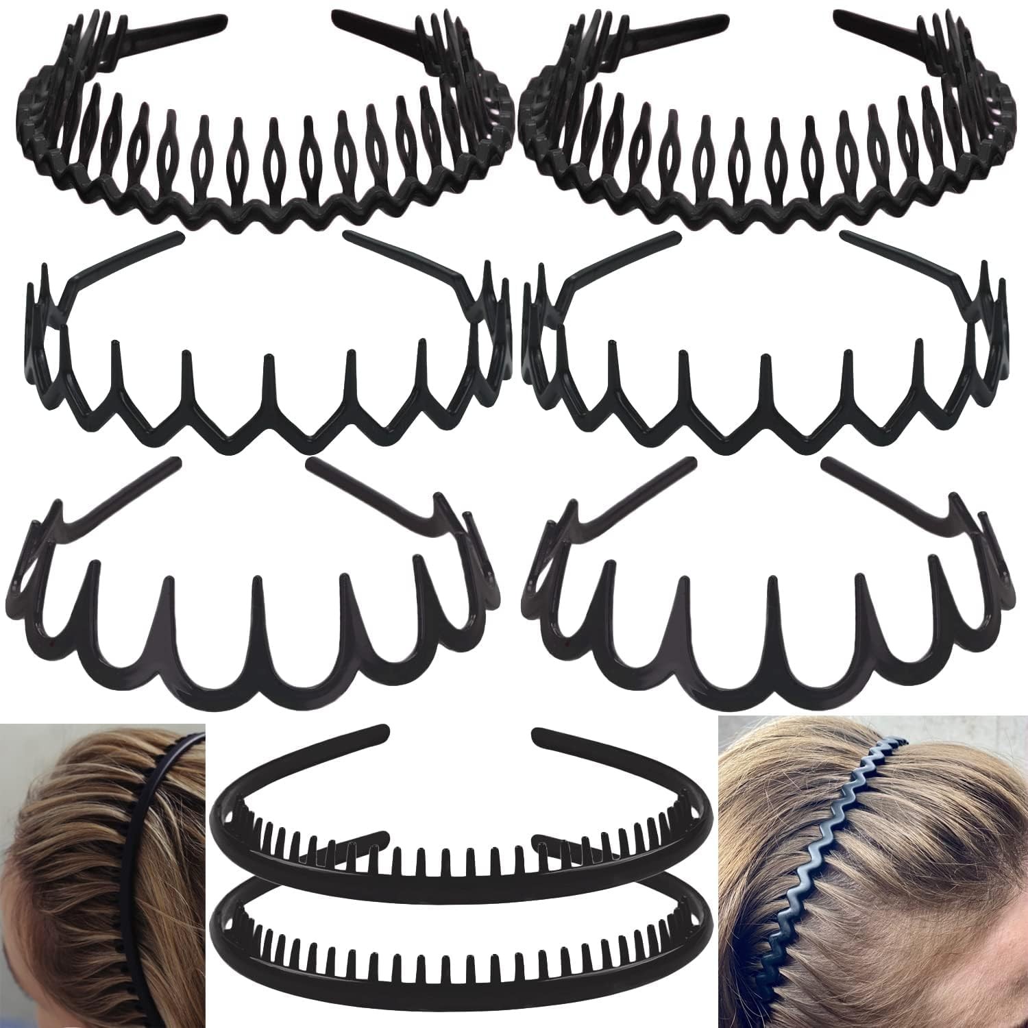 8 PCS Fashion No Slip Effortless Plastic Headbands with Teeth Comb Black