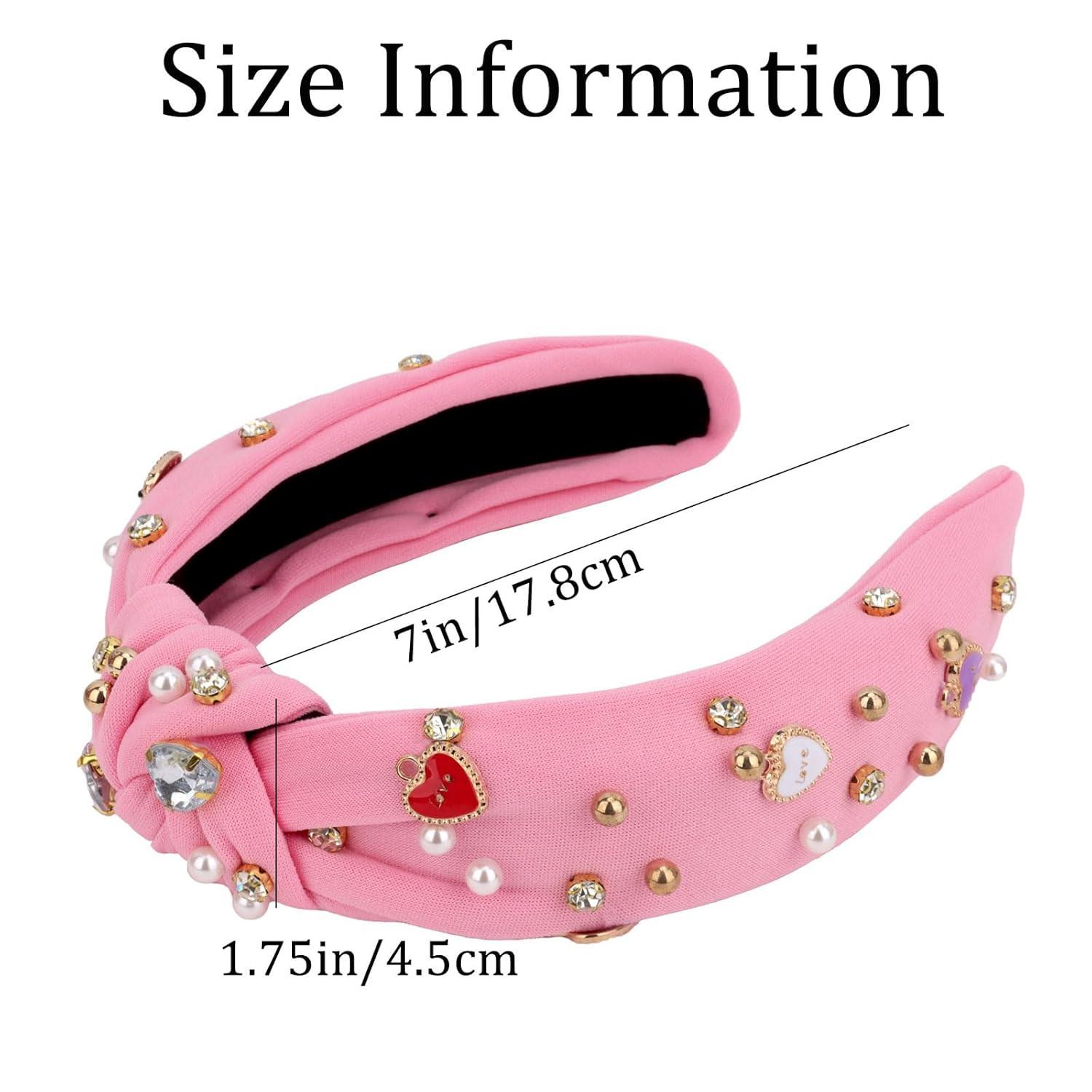 2 PCS Valentines Headbands for Women Cute Heart Knot Hairband White Pearl Rhines