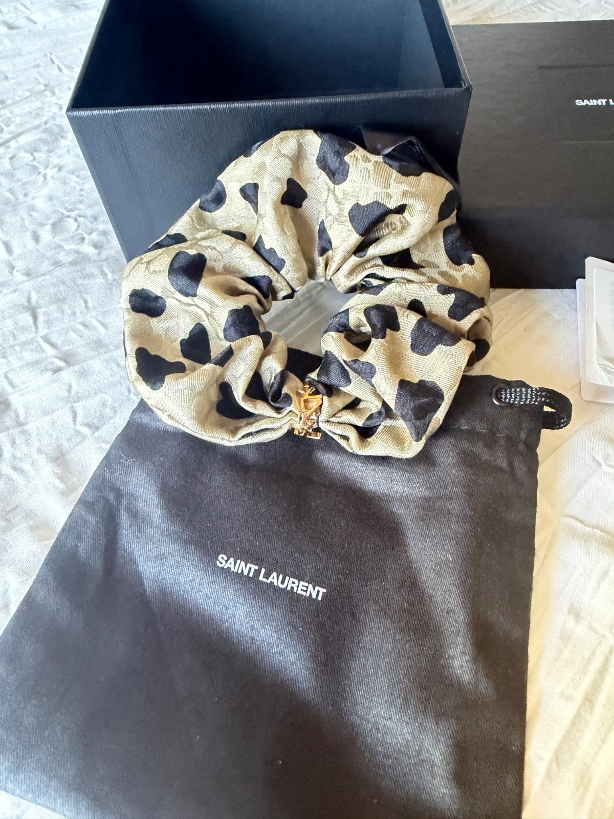 Saint Laurent Cassandre Leopard Silk Scrunchie Women’s Beige New