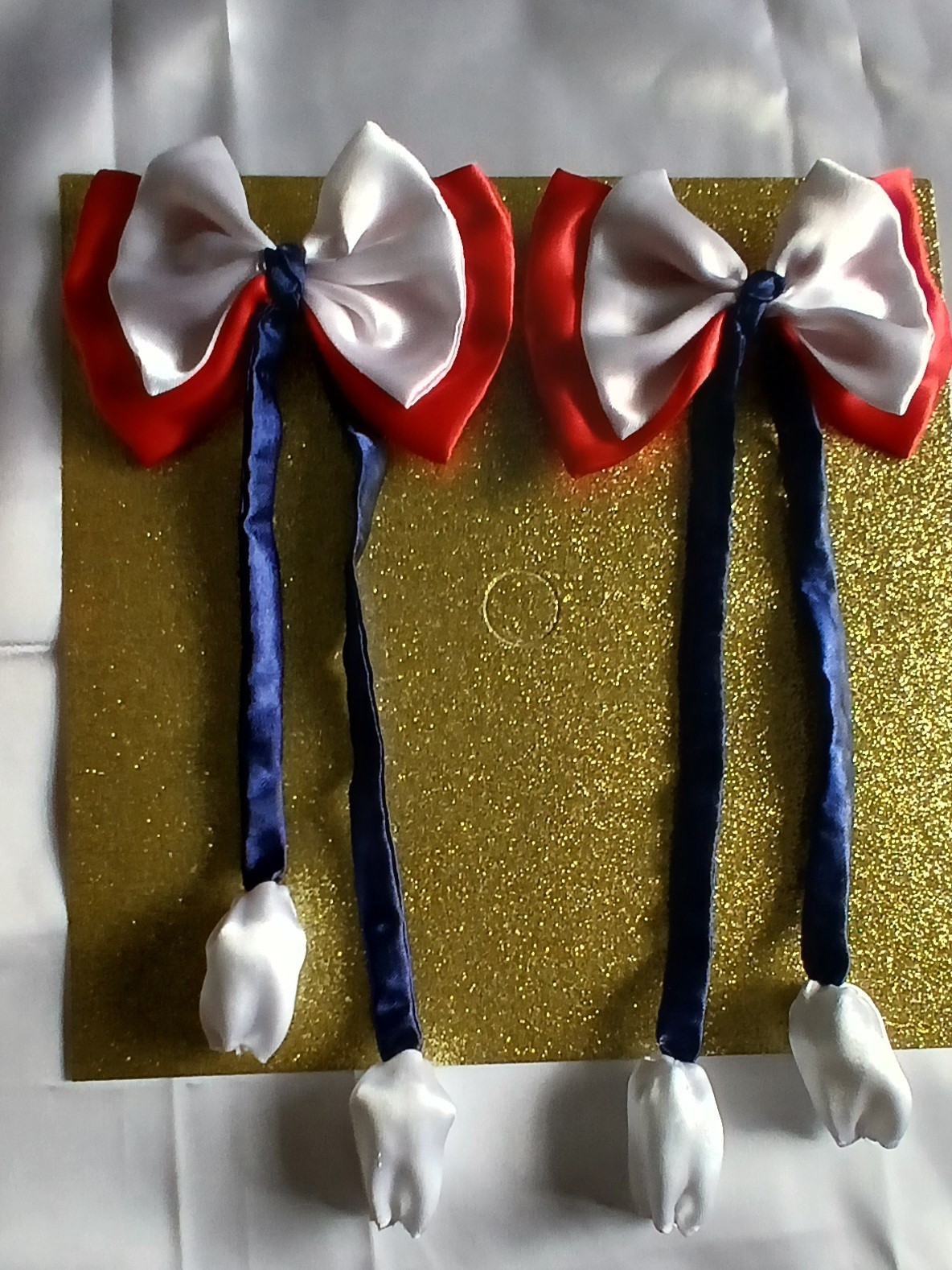 Set of 2 Red & White Satin Bow Hair Clip Barrettes w/ Long Blue Ribbon Tails