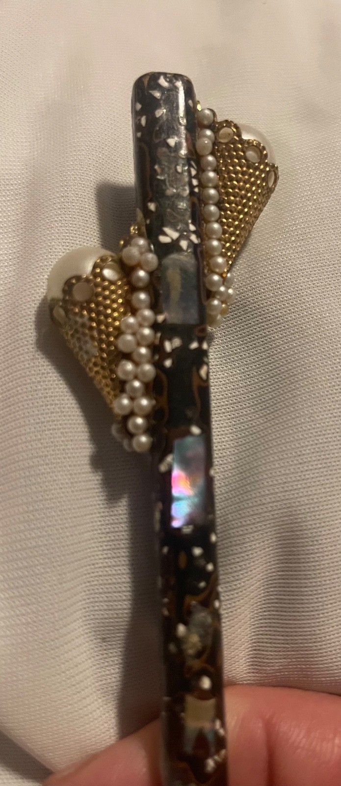 Vintage Japanese Kanzashi Hair Stick Pin Gold Mesh Bow Faux Pearl Resin Raden Mi