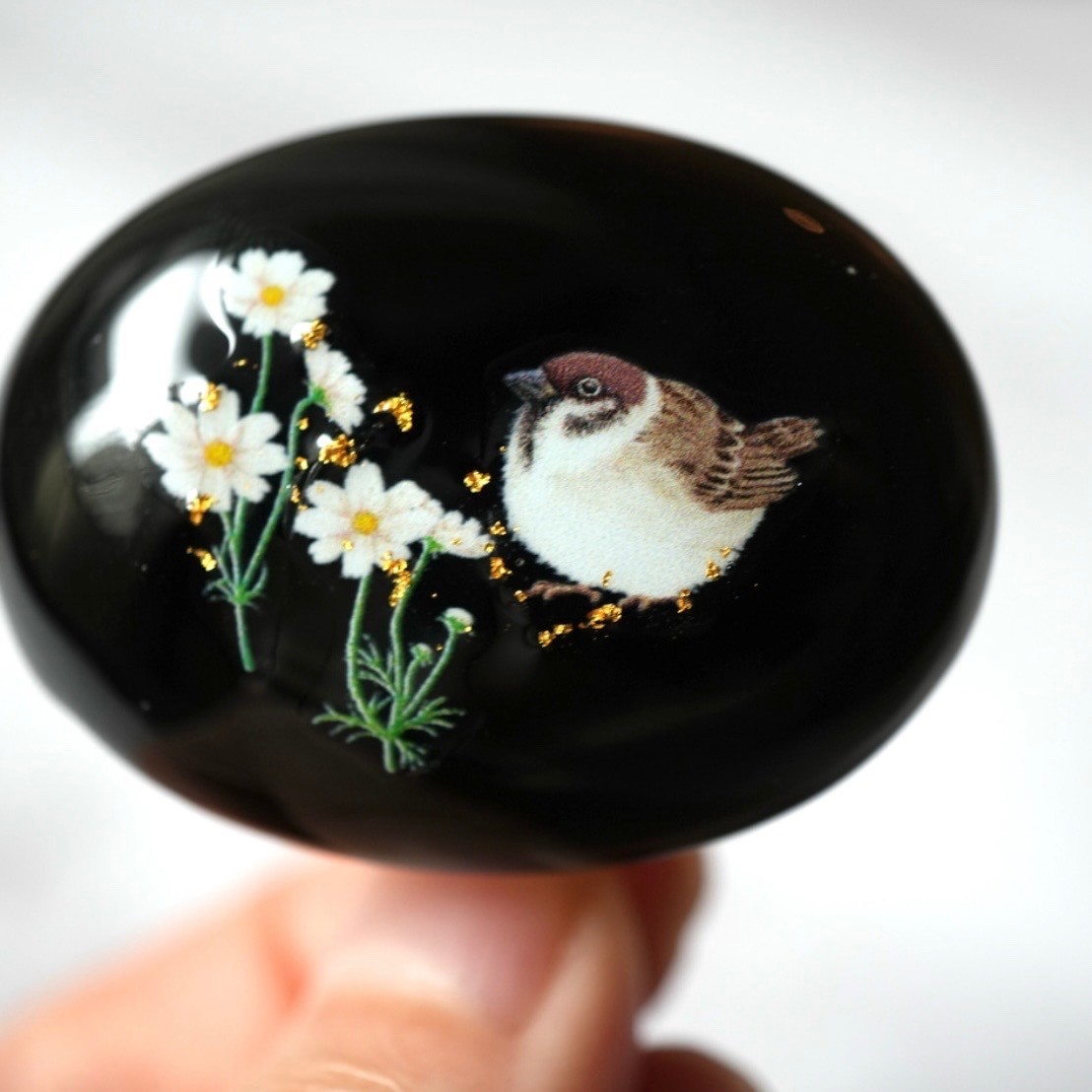 Black Onyx Pony Hook with Cosmos & Sparrow Japanese Hair Accessory with 24K