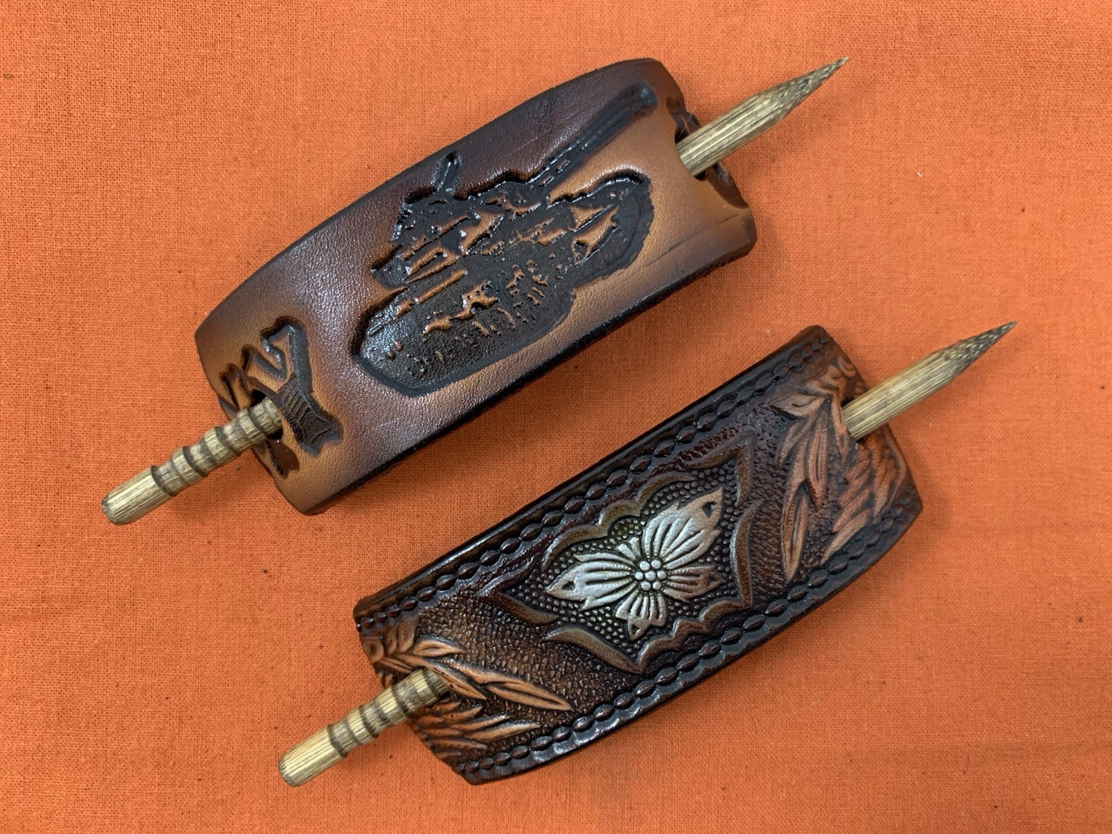2 Leather Hair Barrettes w Sticks, Ponytail, US Military Tank, Handcrafted #231