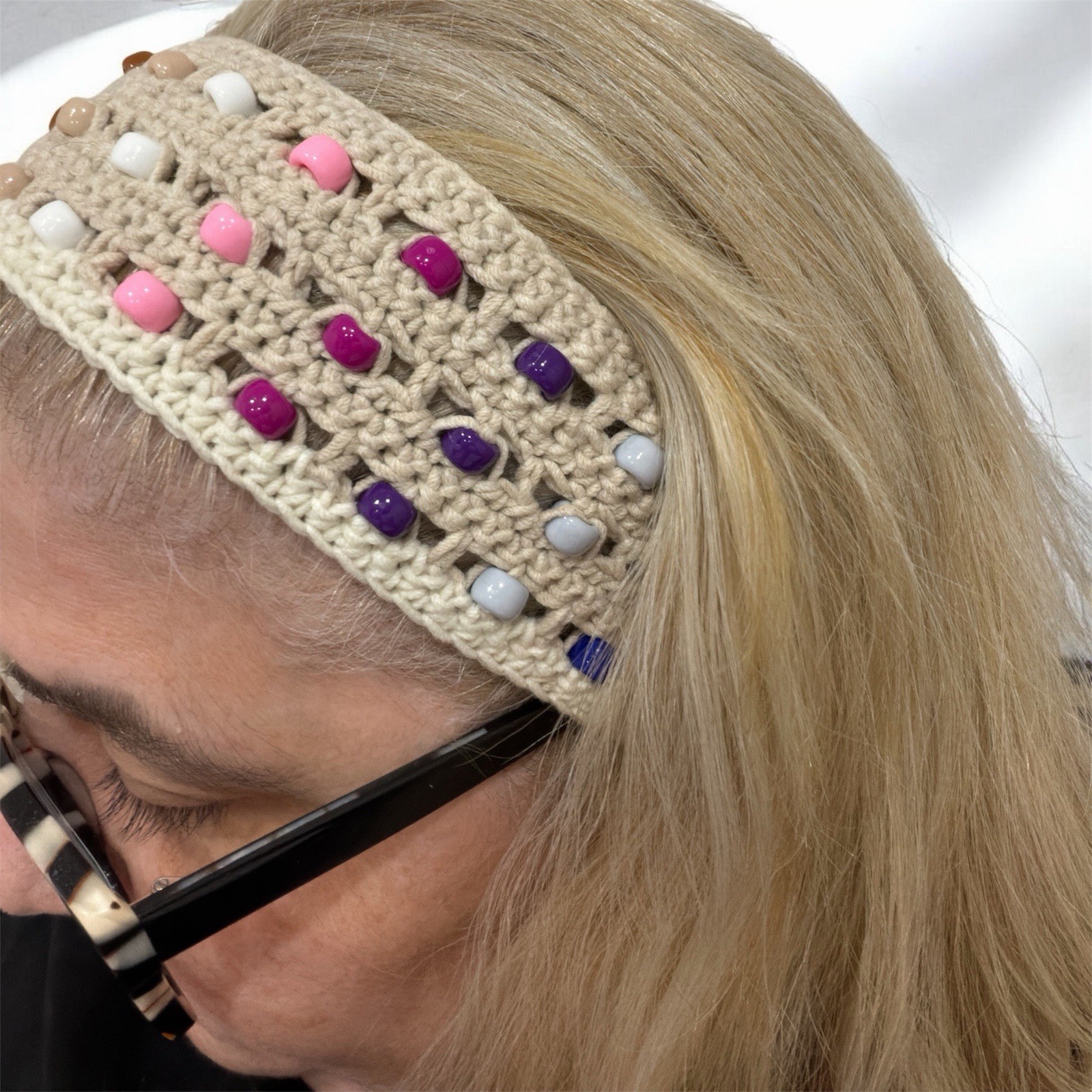 Beaded Crochet Headband for Women, Beige with Multicolor Beads, Stretch