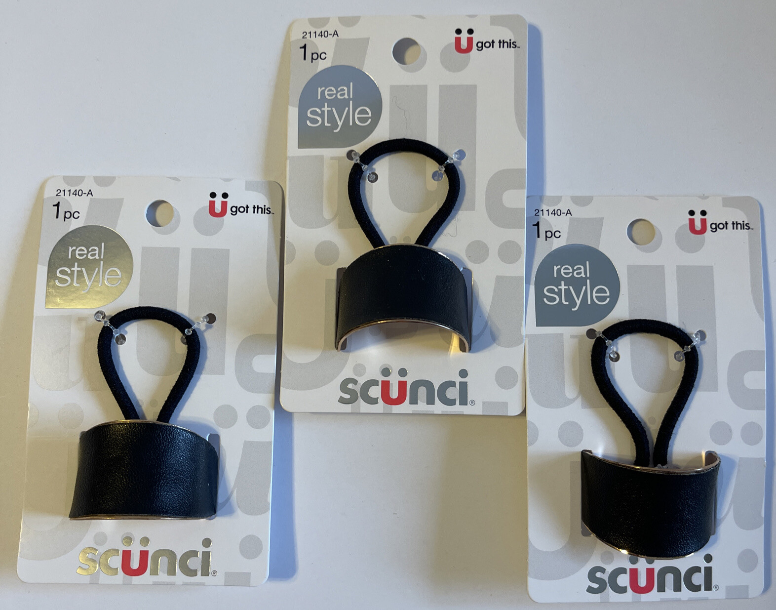Lot Of 3- Scunci Faux Leather Dome Ponytail Holder Plastic Black & Gold Style