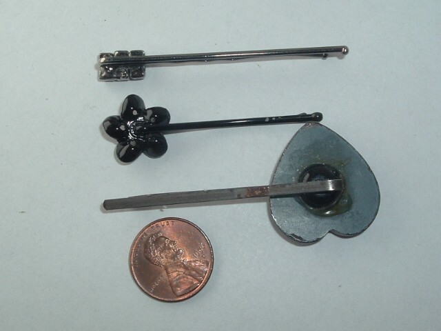 VINTAGE GRAY GLASS HEART BLACK RHINESTONE & FLOWER HAIR PINS BOBBY PINS