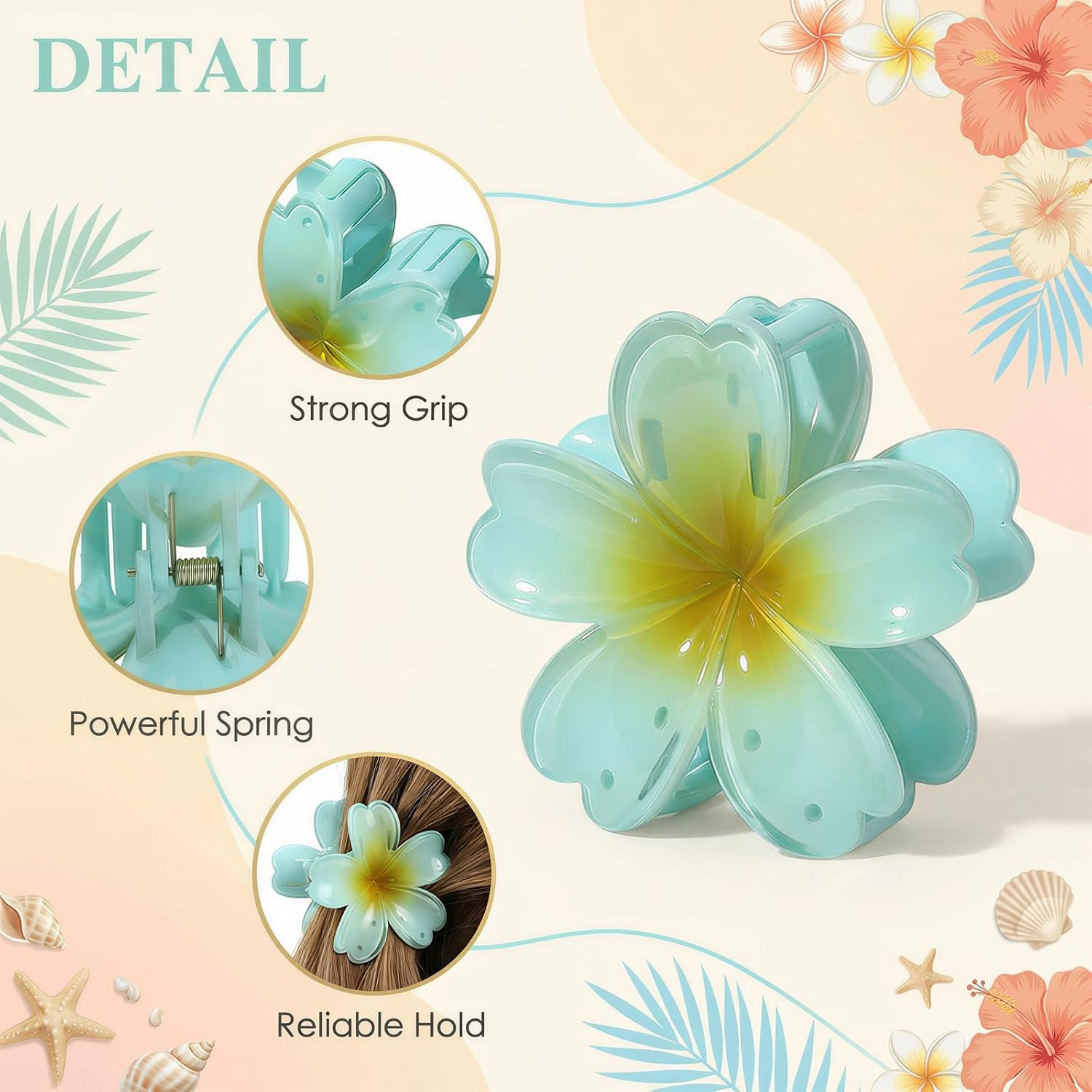 Hawaiian Flower Hair Claw Clips – 6 Pcs for All Hair Types, Strong Hold