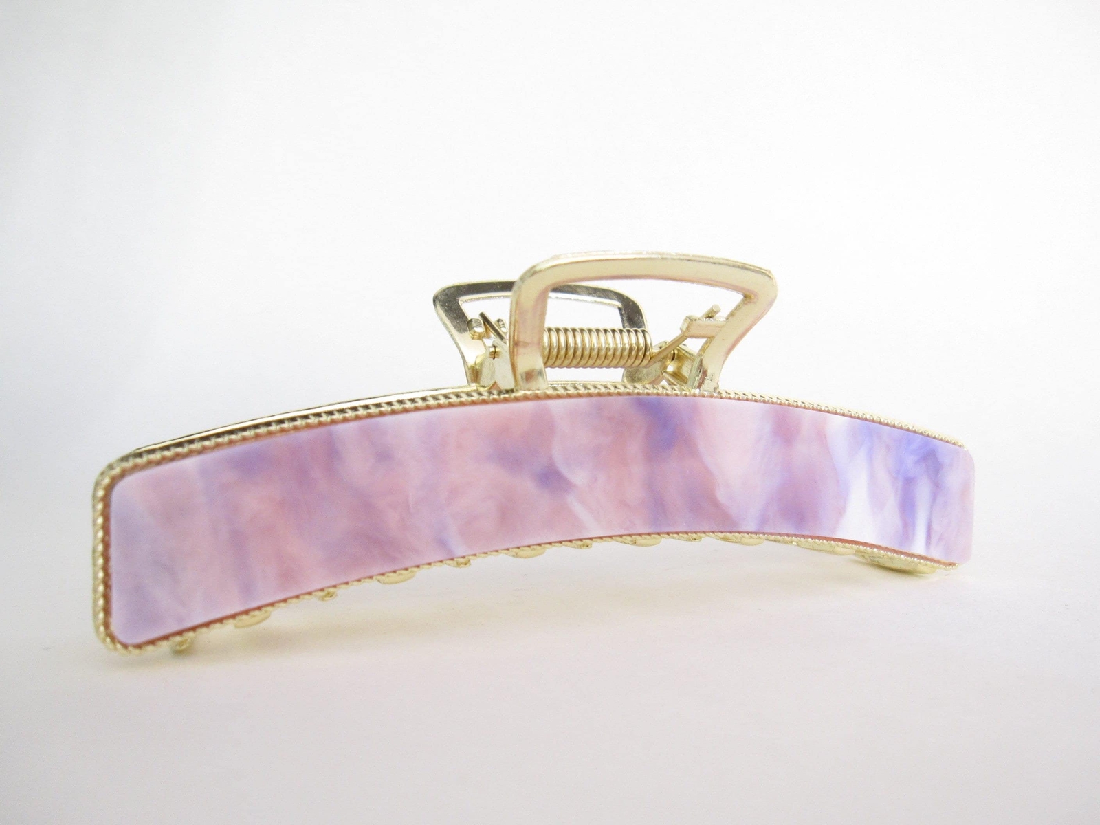 Long gold metal and lavender purple pink marbled acrylic hair claw clip