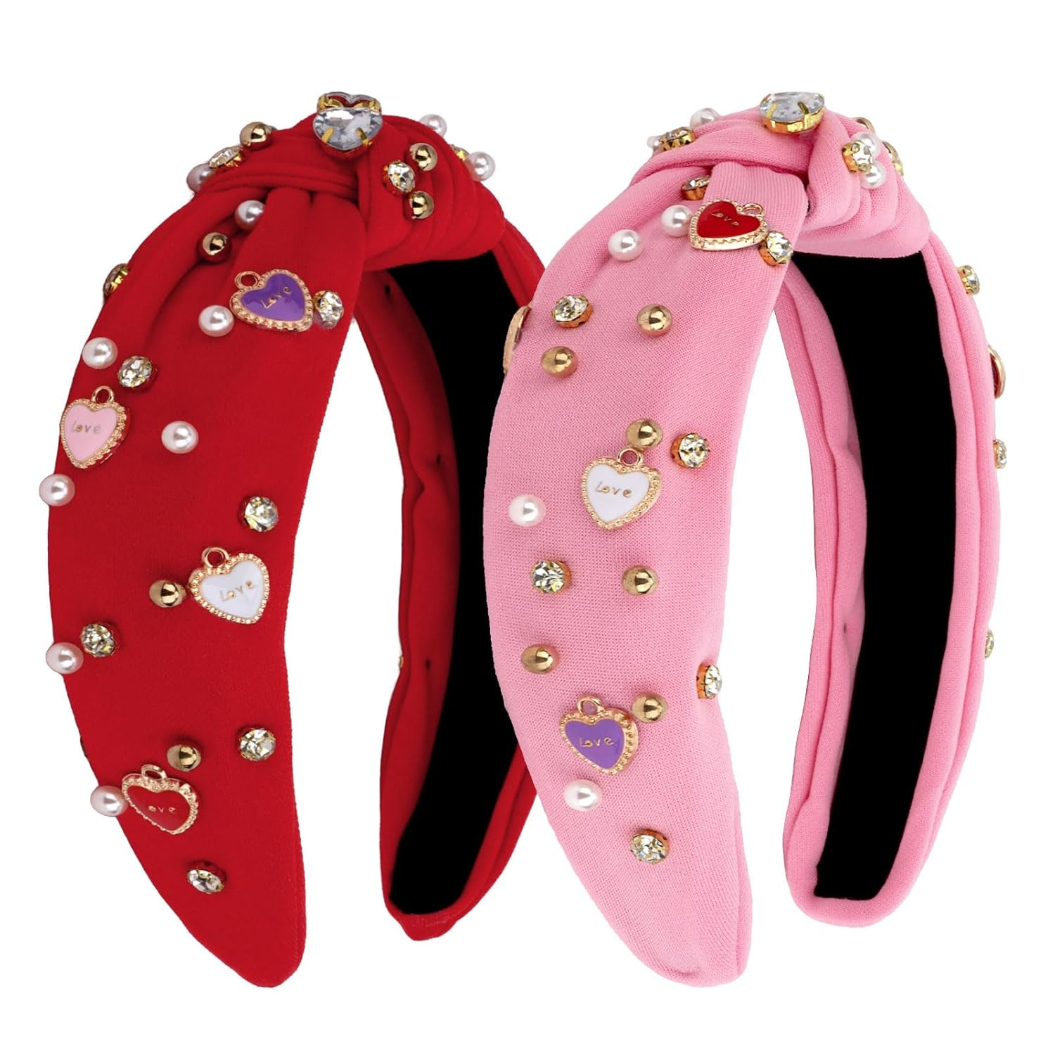 2 PCS Valentines Headbands for Women Cute Heart Knot Hairband White Pearl Rhines