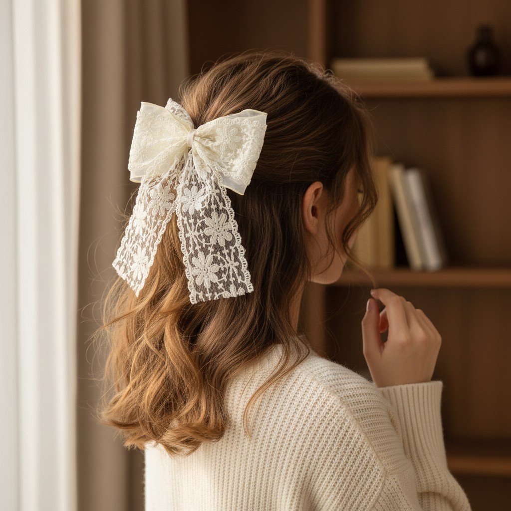 Ivory Lace Bow Hair Clip Elegant Bridal Hair Accessory Coquette Dollette