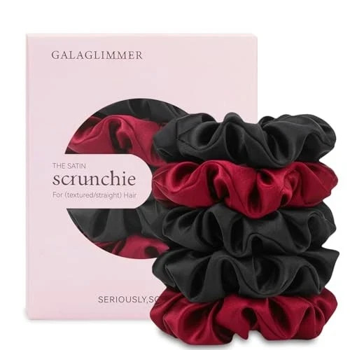Satin Scrunchies for Women, Girls Hair 5 Count (Pack of 1) Red & Black